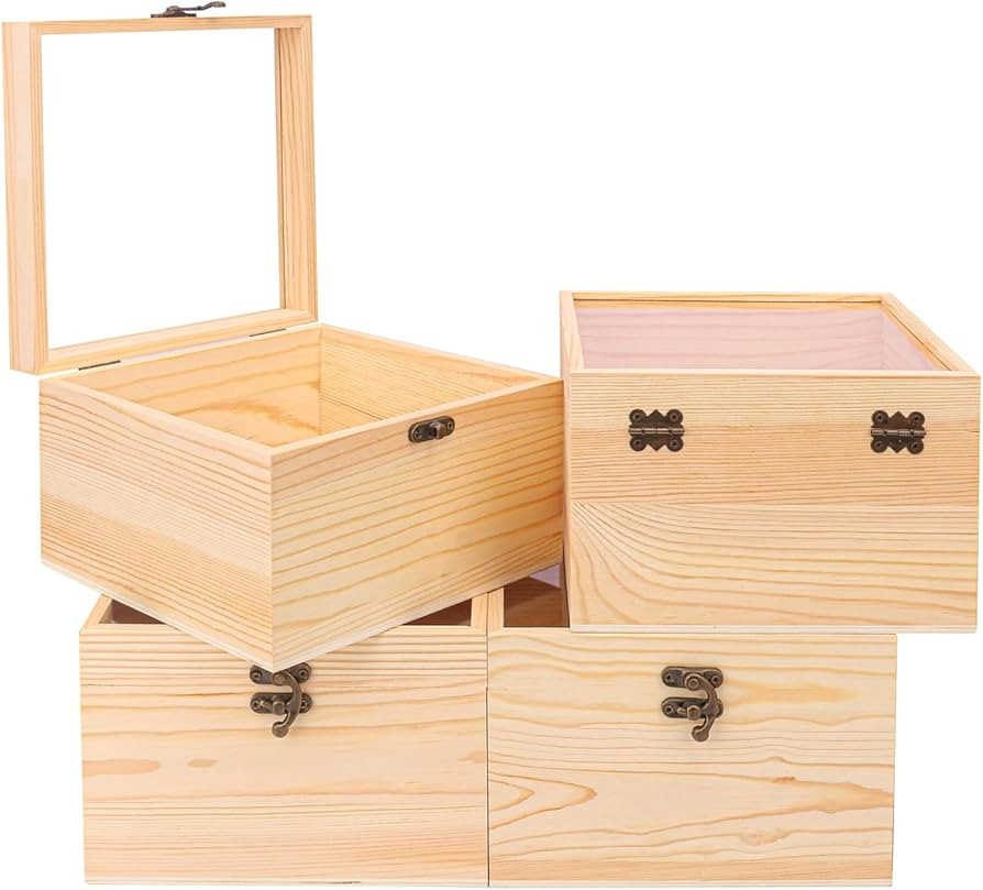 4 PCS Unfinished Wooden Display Box with Window- DIY Craft & Storage Wood Box with Plastic Top Hi... | Amazon (US)