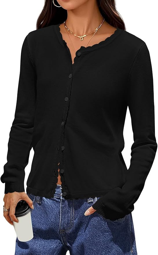 PRETTYGARDEN Long Sleeve Cardigan Sweaters for Women Lightweight Scalloped Ribbed Knit Sweater Wo... | Amazon (US)