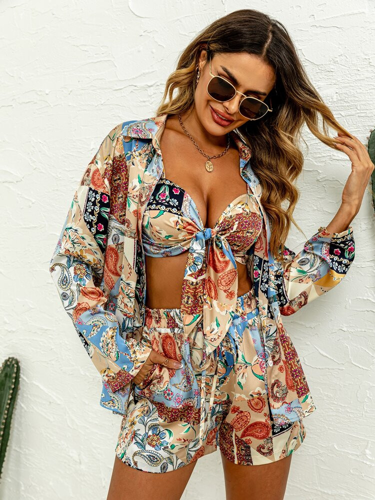 Floral Print Tie Front Satin Crop Top & Shorts & Blouse | SHEIN