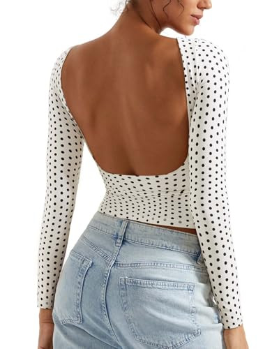 SUUKSESS Women Backless Going Out Tops Double Lined Open Back Basic Long Sleeve | Amazon (US)
