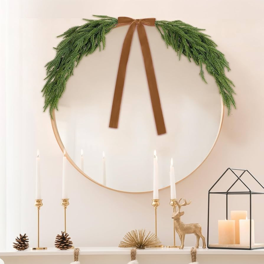 2.6ft Christmas Mirror Garland Artificial Norfolk Pine Swag for Mirror with Velvet Bow Faux Green... | Amazon (US)