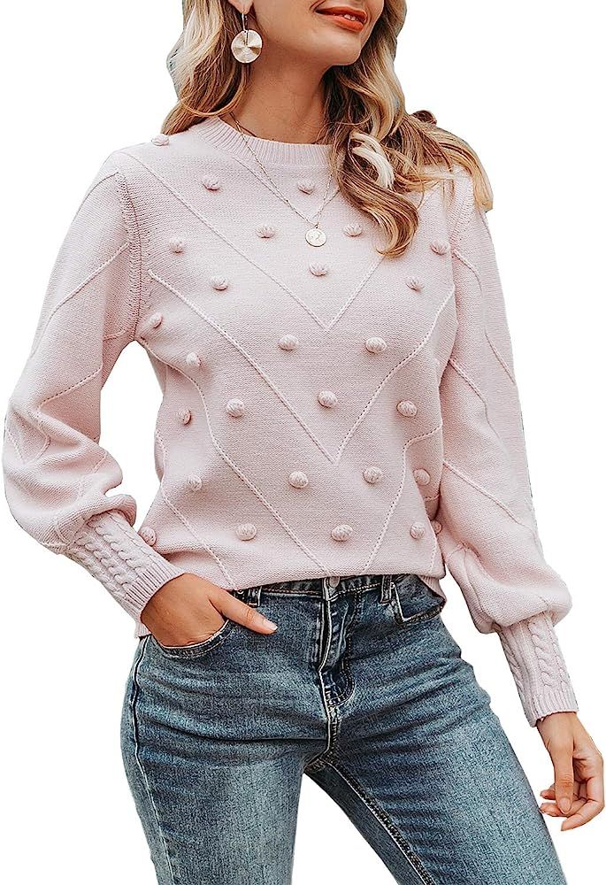 Women's Crew Neck Lantern Sleeve Sweater Pullover Elegant Knit Jumper Top | Amazon (US)