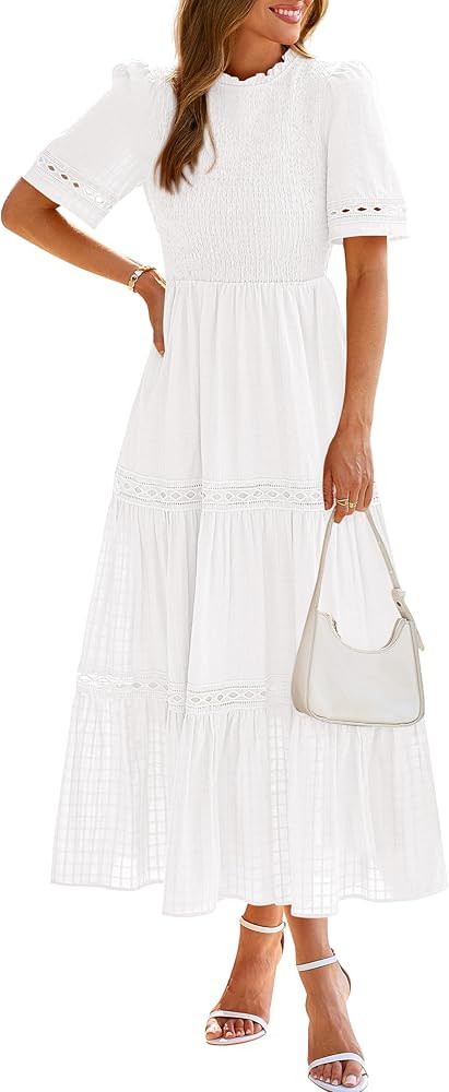 dowerme Summer Dresses for Women 2025 Casual Boho Hollow Out Short Sleeve Ruffle Mock Neck Smocke... | Amazon (US)