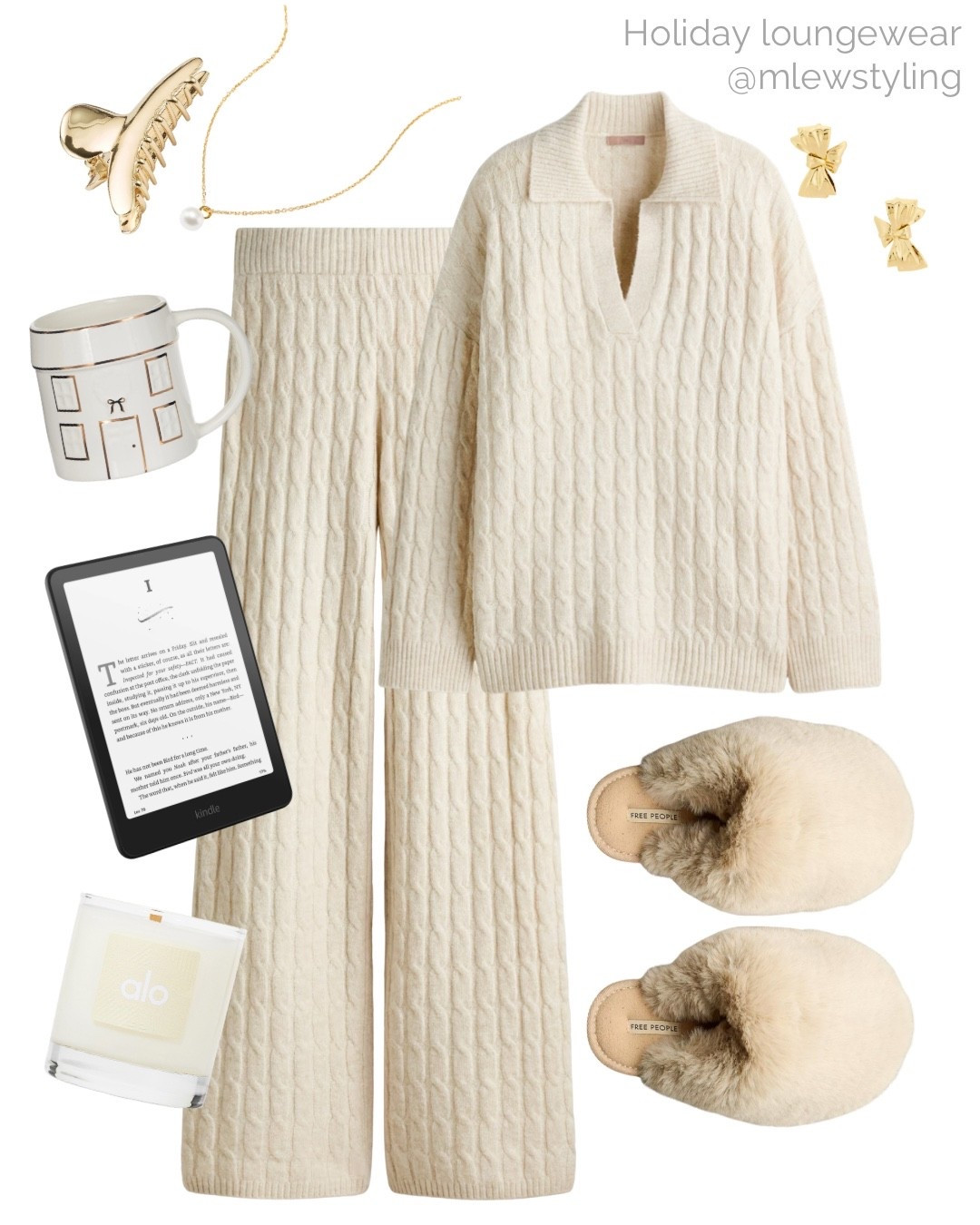 Comfy loungewear set for the holidays 🤍

Tags: Christmas Day, winter outfit, cozy cable knit matching set, new in H&M, cute mug, Mejuri necklace, gold bow earrings, alo candle, target kindle, revolve gold hair clip, Sunday look, free people snowball slippers 

#LTKHoliday #LTKootd #LTKselfcare