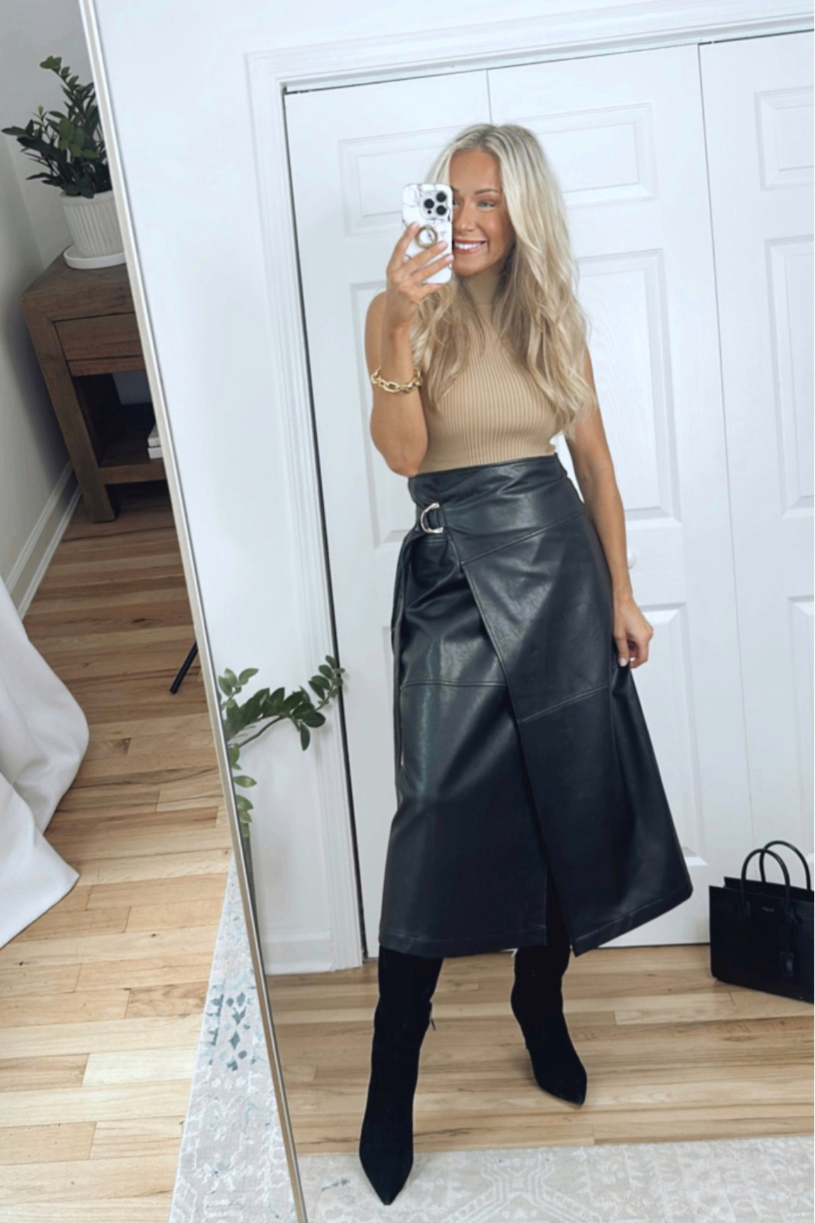 Faux Leather Tie Detail Wrap Midi Skirt