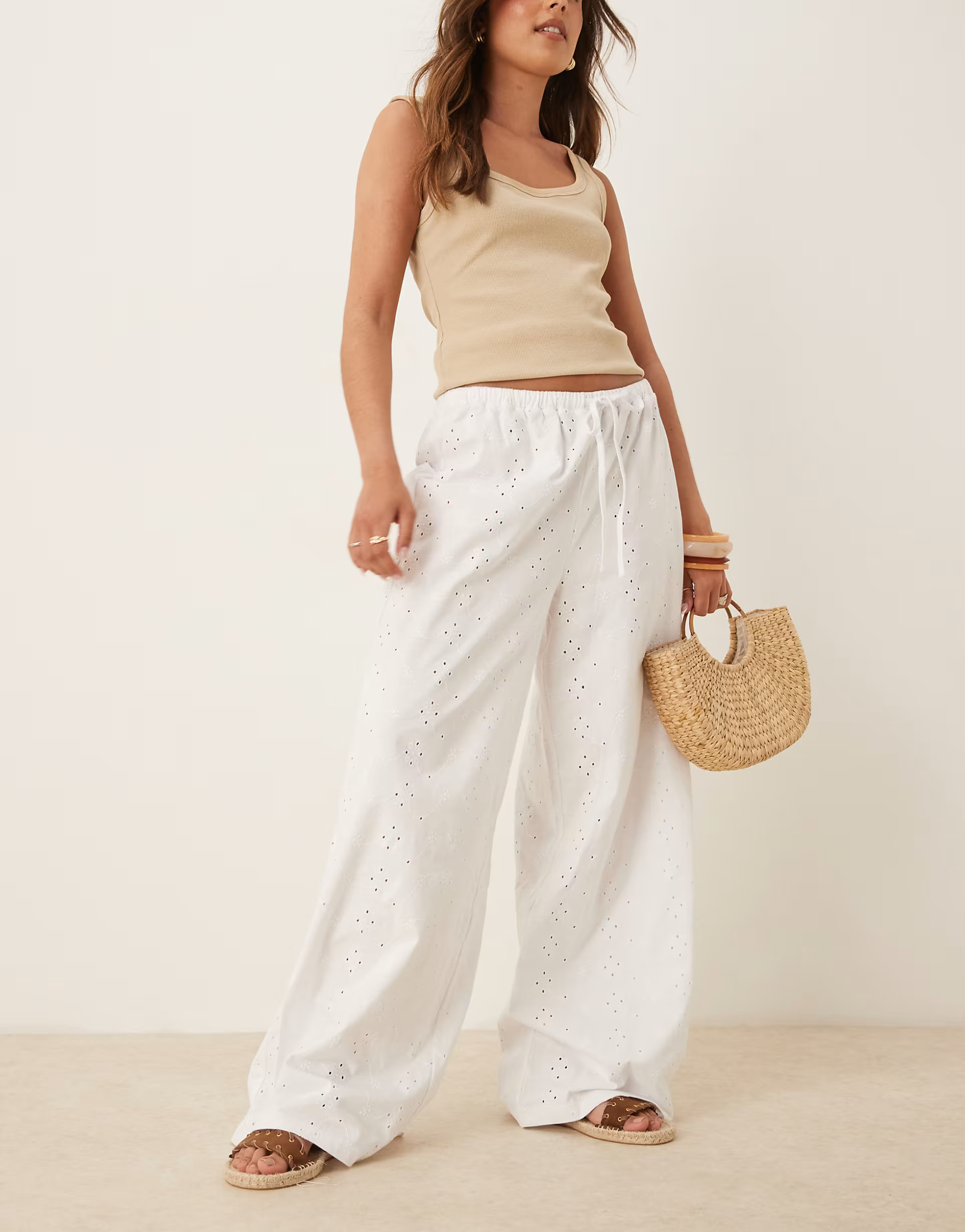ASOS DESIGN eyelet pajama style pants with tie waist in white | ASOS (Global)
