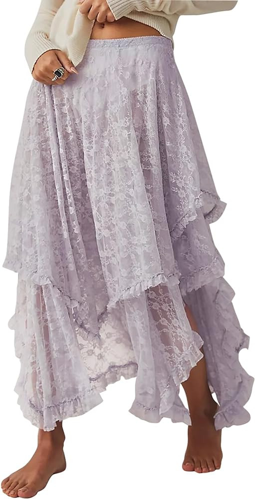 R.Vivimos Women Lace Long Skirts Summer Elastic Asymmetrical Layered Hem Sexy See-Through Beach F... | Amazon (US)