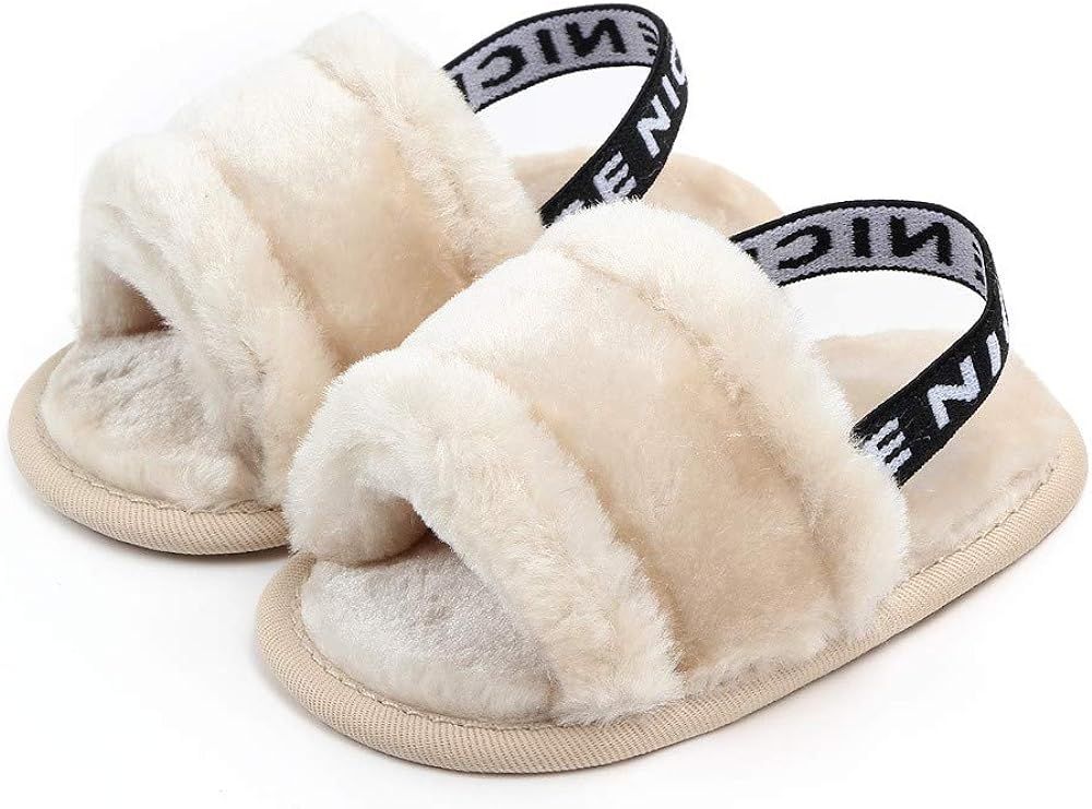 Meckior Infant Baby Girls Sandals Faux Fur Slides with Elastic Back Strap Flats Slippers Princess... | Amazon (US)