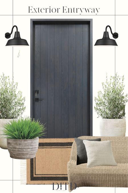 A modern exterior entryway with large terracotta pots, swan neck sconces, a jute rug, wicker bench, and outdoor pillows.

#LTKSeasonal #LTKhome #LTKstyletip