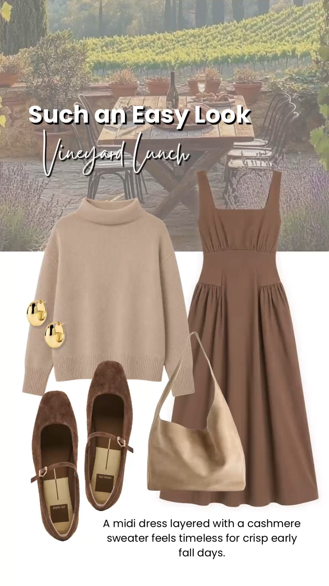 Layering a soft cashmere sweater over a simple midi dress is one of my favorite ways to transition into fall. Paired with suede Mary Jane flats and a neutral hobo bag, it’s an effortlessly polished outfit that’s perfect for vineyard lunches, weekend outings, or crisp afternoon plans.

💡 LTK MADE EASY
❤️ Heart = Support my posts!
🔖 Save = Get sale & restock alerts
📋 Lists = Keep favorites organized
📲 Share = Send lists and products to a friend. Hello, Christmas List!
💬 Comment = Ask me anything about what I’m wearing. :-)

#LTKootd #LTKSeasonal #LTKOver40