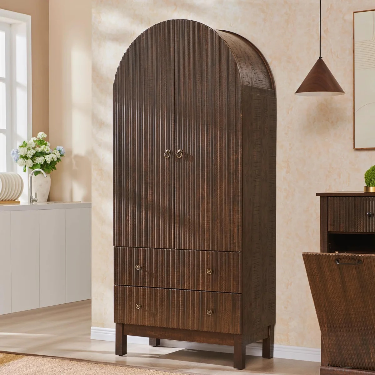 Millwood Pines 71" Tall Arched Pantry Cabinet, Fluted Kitchen Storage Cabinet with Adjustable She... | Wayfair North America