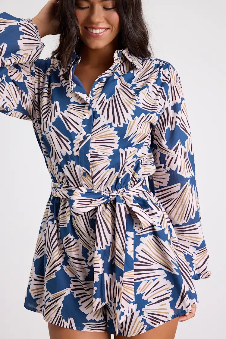 Dimora Blue Abstract Print Long Sleeve Collared Romper | Lulus