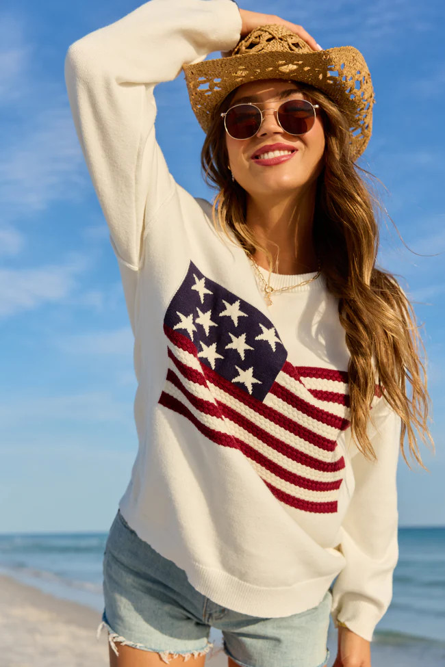 Home Of The Free Ivory Textured Flag Sweater | Pink Lily