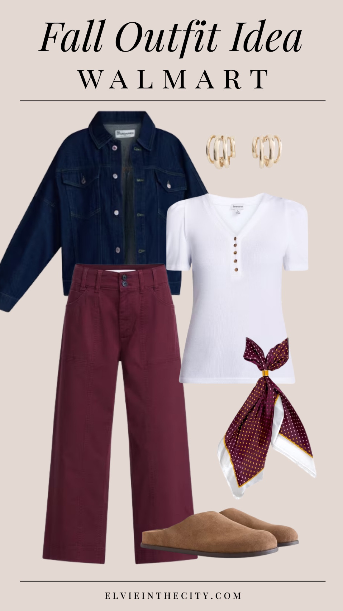 This fall outfit idea from Walmart includes a denim jacket over a white v neck and burgundy pants, with a decorative scarf, gold earrings, and clogs. 

Walmart finds, petite fashion, midlife women, affordable fashion, fashion over 40, over 50 style

#LTKootd #LTKPetite