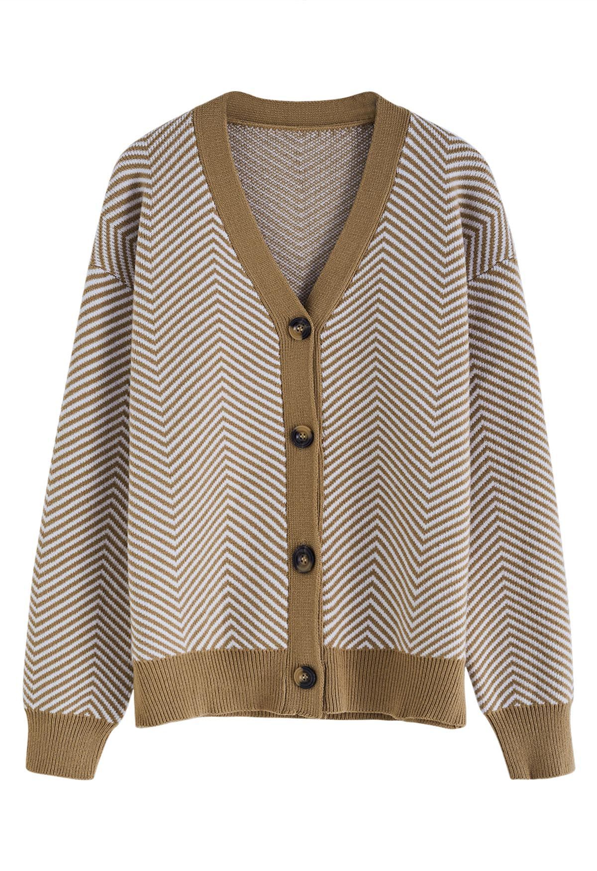 Zigzag Stripe Pattern Buttoned Knit Cardigan in Camel | Chicwish
