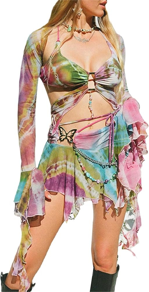 Faretumiya Women Two Piece Outfit Cami Top Skirt Set Y2K Fashion Y2K Outfits Rainbow Dress Amazon | Amazon (US)