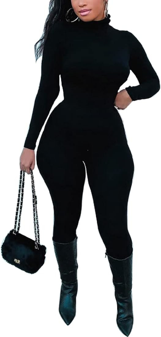 Azhong Women's Sexy Long Sleeve Turtleneck Jumpsuits Bodycon Back Zipper High Waist One Piece Cas... | Amazon (US)