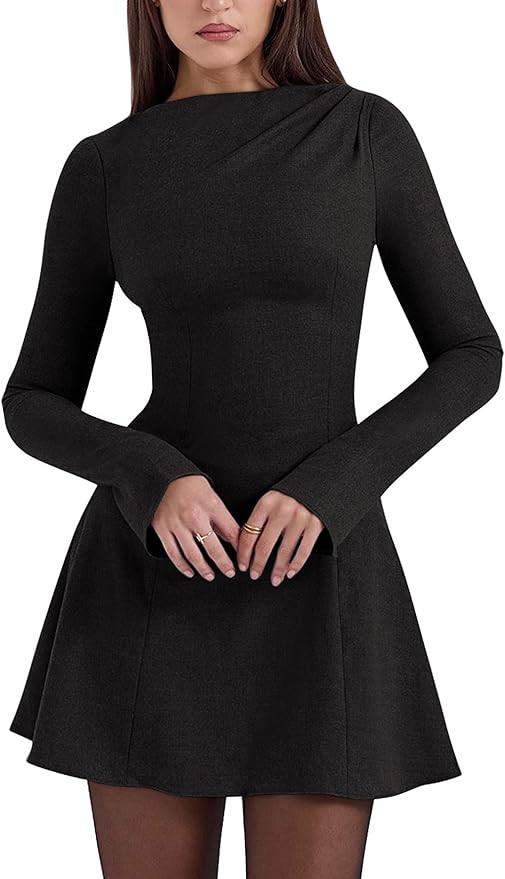 YMDUCH Women's Sexy Long Flare Sleeve Boat Neck A-Line Casual Mini Party Club Dress | Amazon (US)
