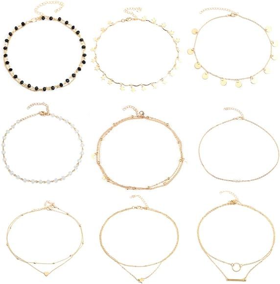 Gold Star Pearl Choker Necklace -4 Pieces Set Dainty Pendant Handmade Necklace for Women Girls ... | Amazon (US)