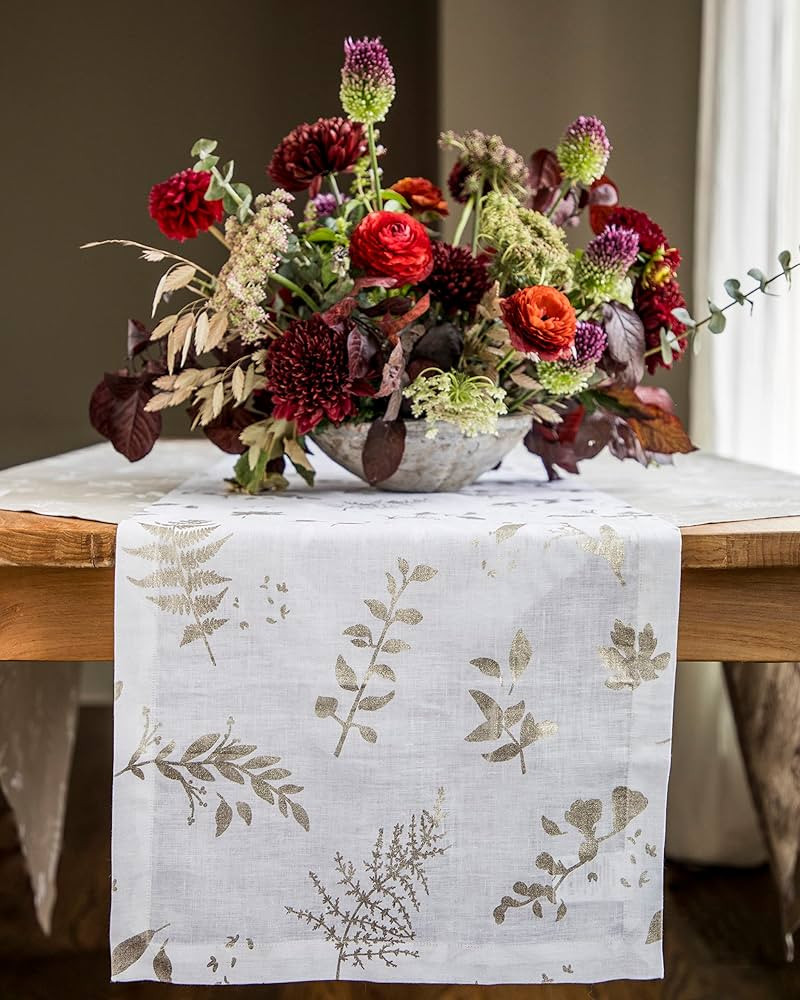 Solino Home Printed Linen Table Runner – Thanksgiving, Christmas Metallic Gold Table Runner 14 ... | Amazon (US)