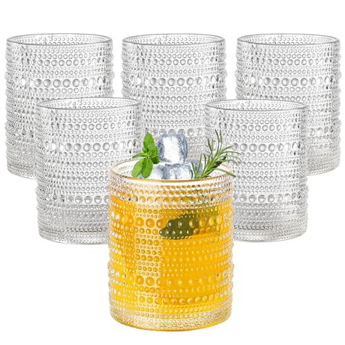 Amyoole 12oz Hobnail Drinking Glasses Set of 6,Clear Vintage Glassware Embossed Water Tumbler,Cocktail Glass Cups for Beer,Whiskey,Juice and Various Mixed Drinks | Amazon (US)