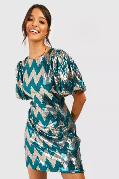 Sequin Zig Zag Puff Sleeve Shift Party Dress | Boohoo.com (US & CA)
