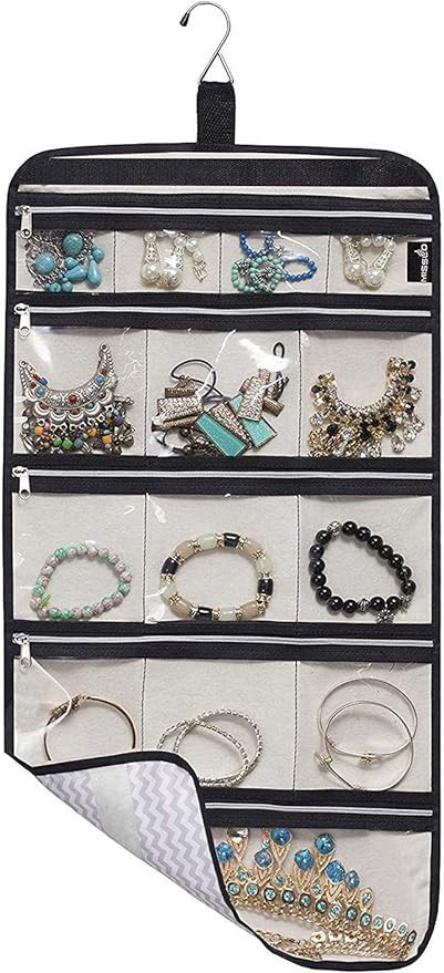 MISSLO Hanging Jewelry Organizer Travel Foldable Jewelry Roll Storage Case with 14 Cotton Zippere... | Amazon (US)