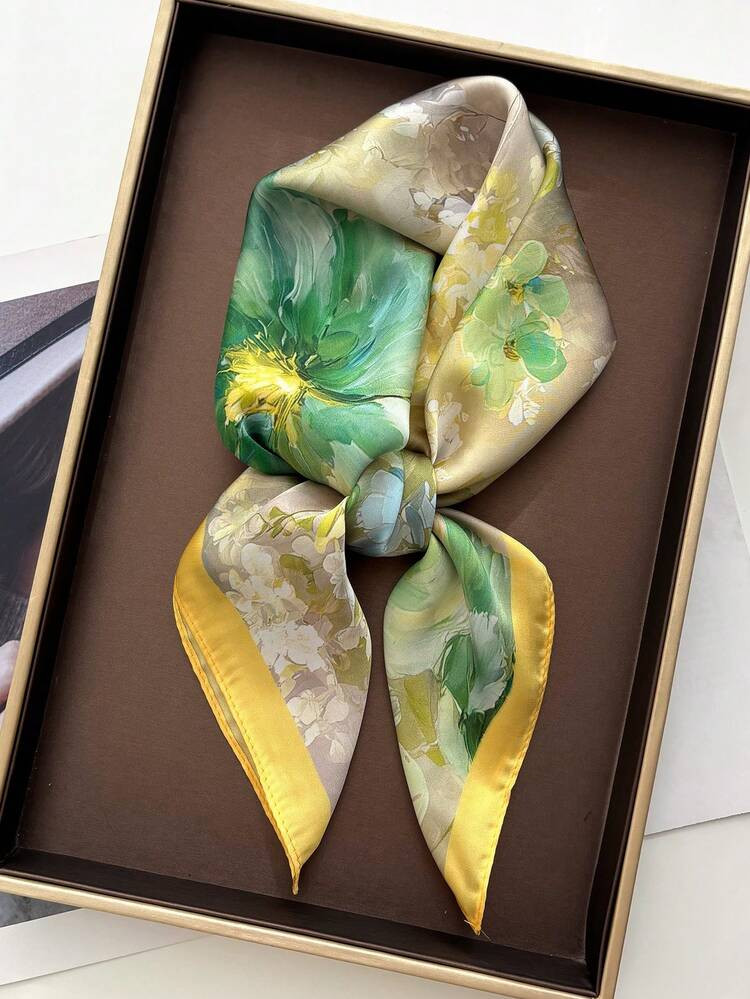 1pc Spring/Summer New Artistic Colorblock Floral Print Faux Silk 65*65cm Square Scarf, Versatile ... | SHEIN