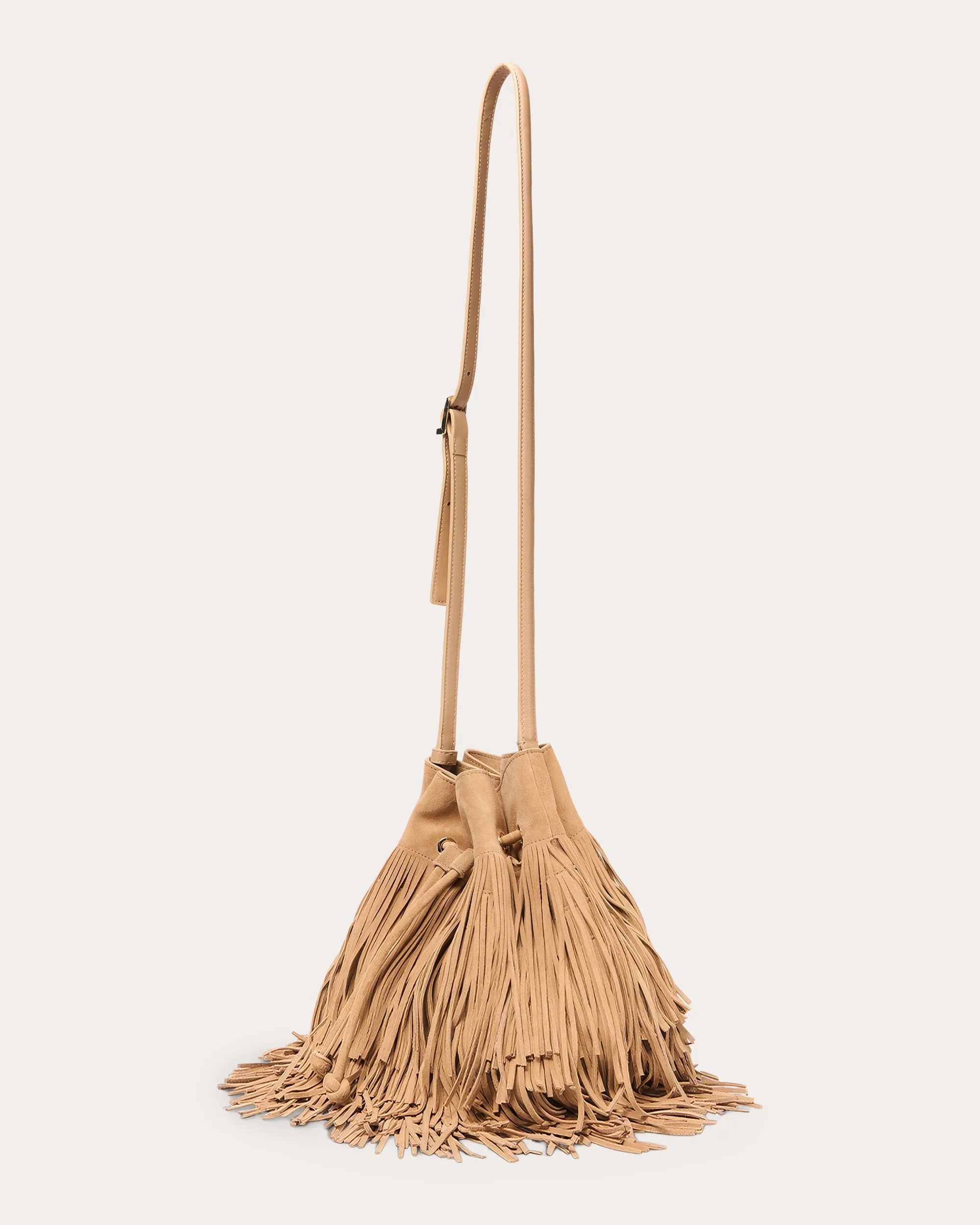 SIMKHAI Women's Marena Suede Fringe Bucket Bag in Brown Suede/Leather | Olivela