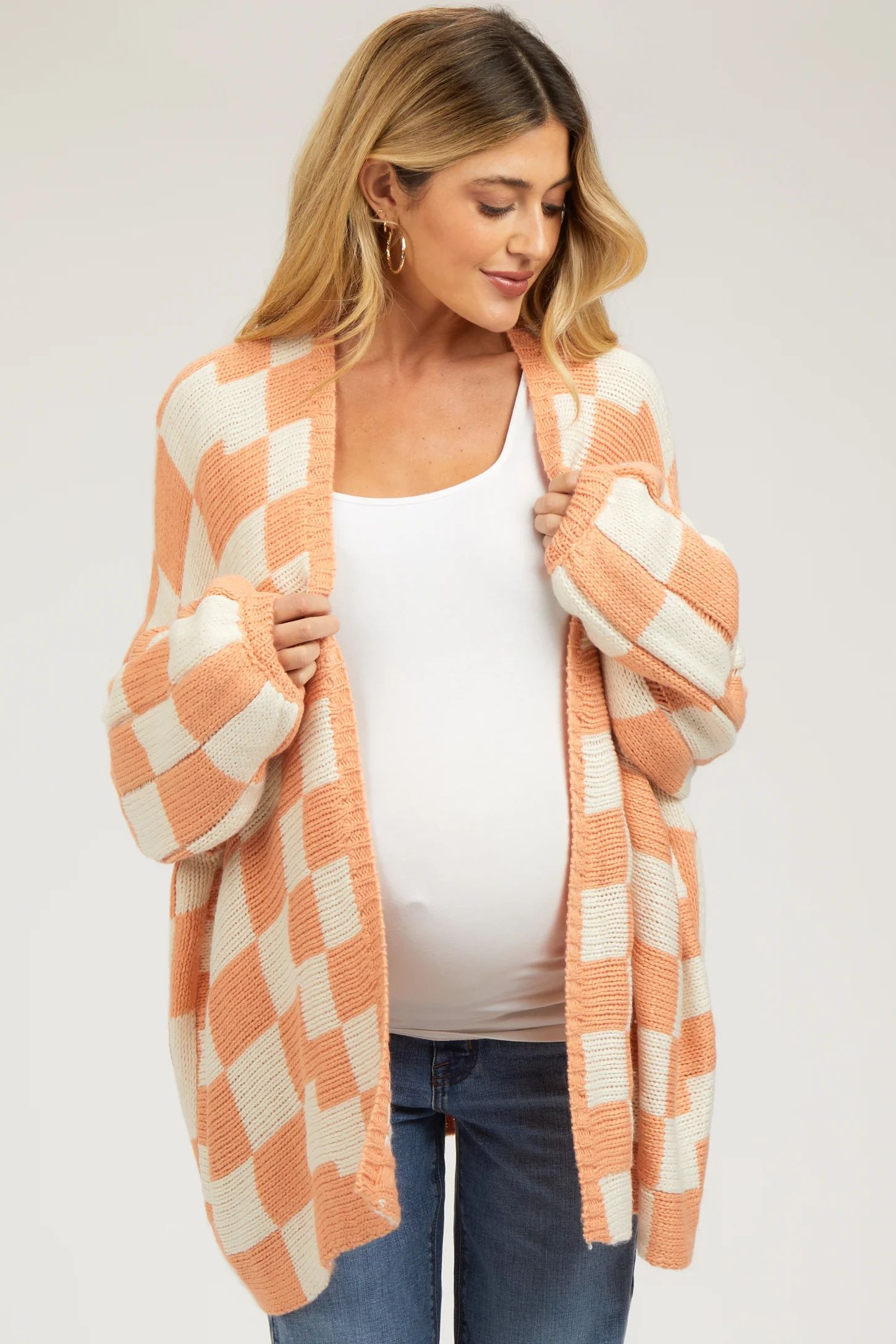 Peach Checkered Oversized Maternity Cardigan | PinkBlush Maternity