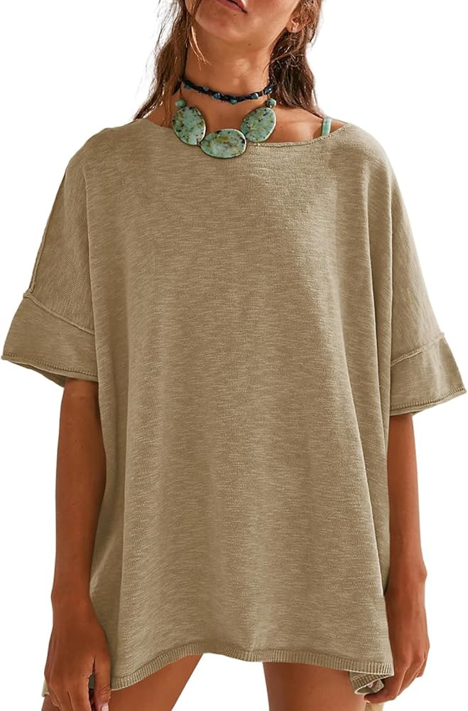 Tankaneo Women's Oversized T Shirts Casual Summer Crew Neck Loose Dropped Short Sleeve Side Slit ... | Amazon (US)