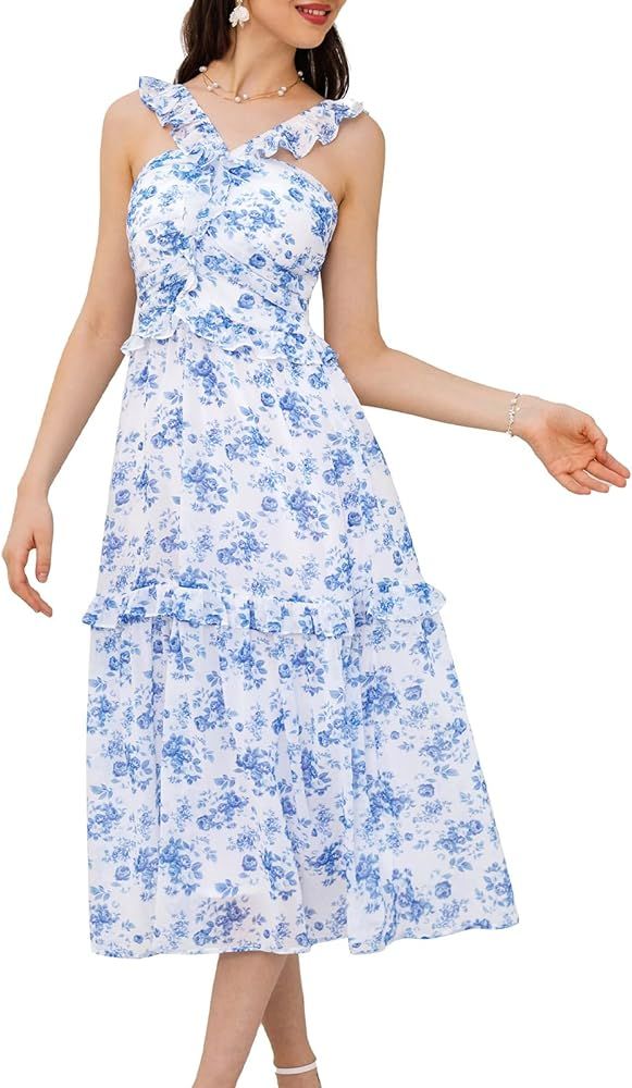 GRACE KARIN Women’s Summer Boho Floral Tiered Dress Strap A Line Swing Flowy Midi Dress Ruffle ... | Amazon (US)