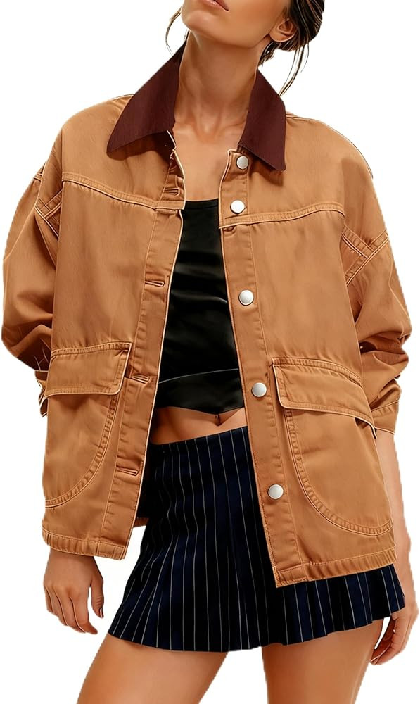 Yeokou Women Oversize Denim Jacket Casual Button Down Jean Coat Long Sleeve Shacket Outfit with P... | Amazon (US)