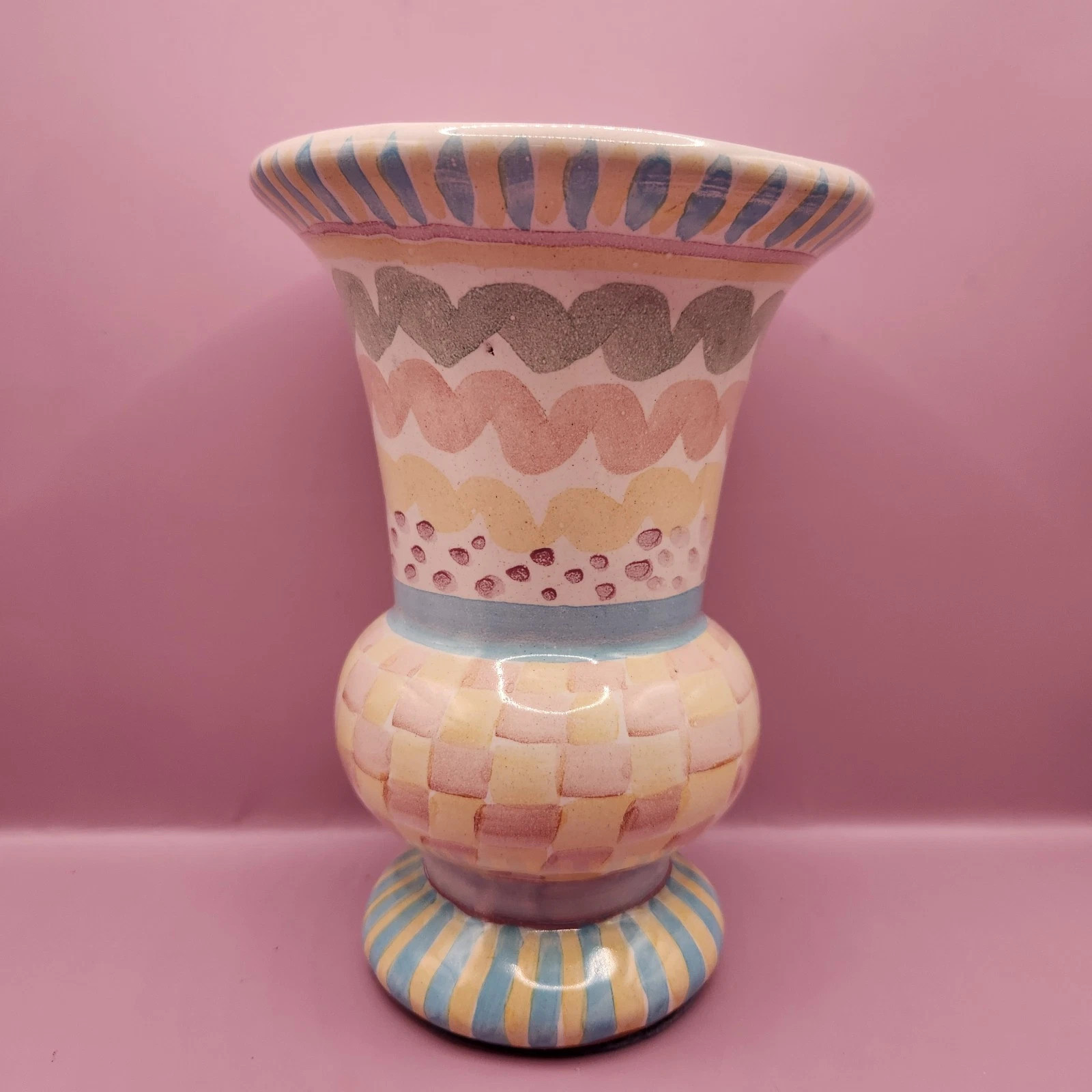 Mackenzie Childs Hand Painted Pastel Check Ceramic Aurora Vase | eBay US