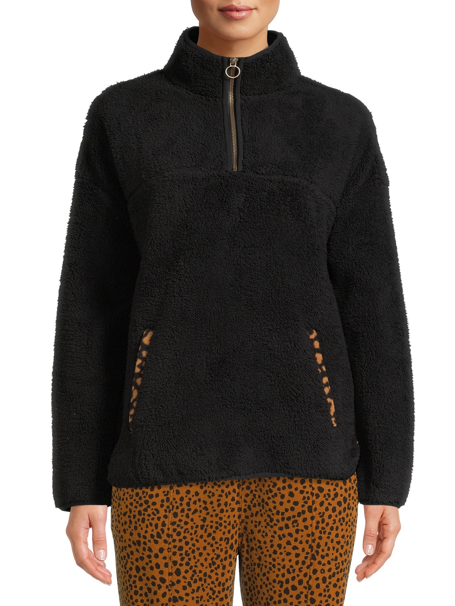 Time and Tru Women's and Women's Plus Size Faux Sherpa Quarter Zip Pullover Top | Walmart (US)