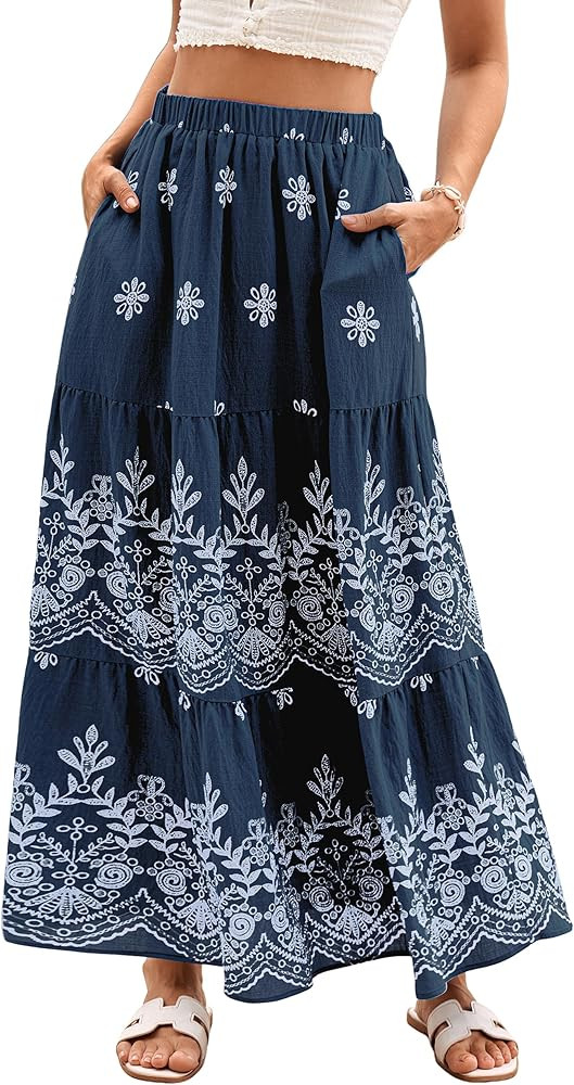 Simplee Womens Summer Maxi Skirt Boho Floral High Waisted A Line Tiered Long Flowy Skirts Beach V... | Amazon (US)
