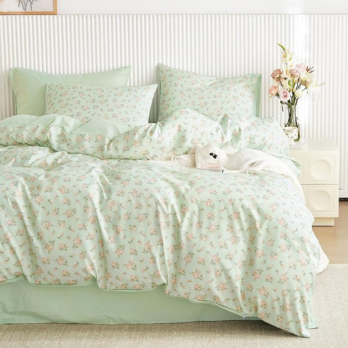 Wake In Cloud Coquette Duvet Cover Set, Floral, 3-Piece, Green Pink, Queen Size | Amazon (US)
