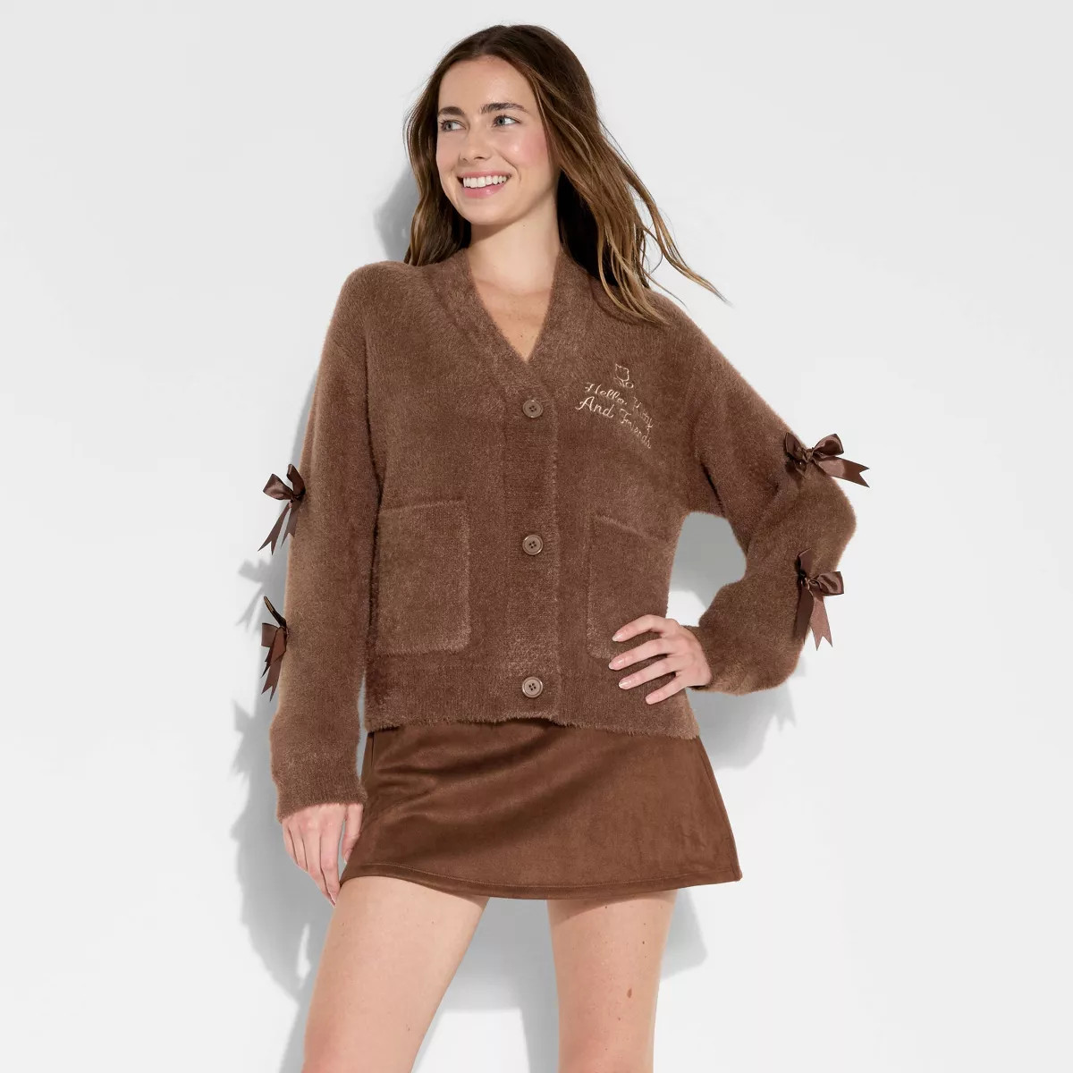 Women's Hello Kitty & Friends Graphic Cardigan - Brown XS | Target