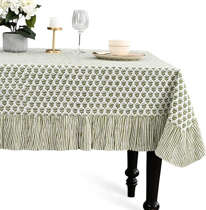 CPC Emerald Green Block Print Ruffle Tablecloth 100% Cotton 90" x 60" Rectangular Floral Table Co... | Amazon (US)