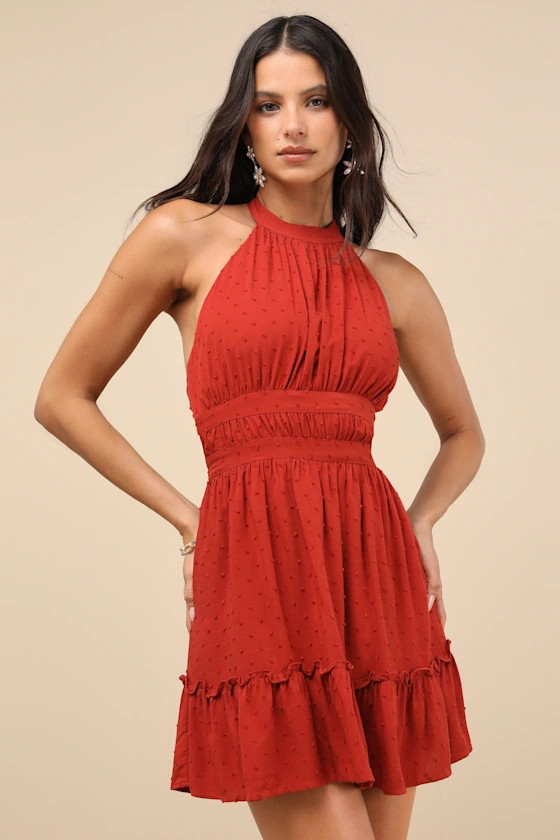 Zahia Rust Red Swiss Dot Ruffled Halter Mini Dress | Lulus