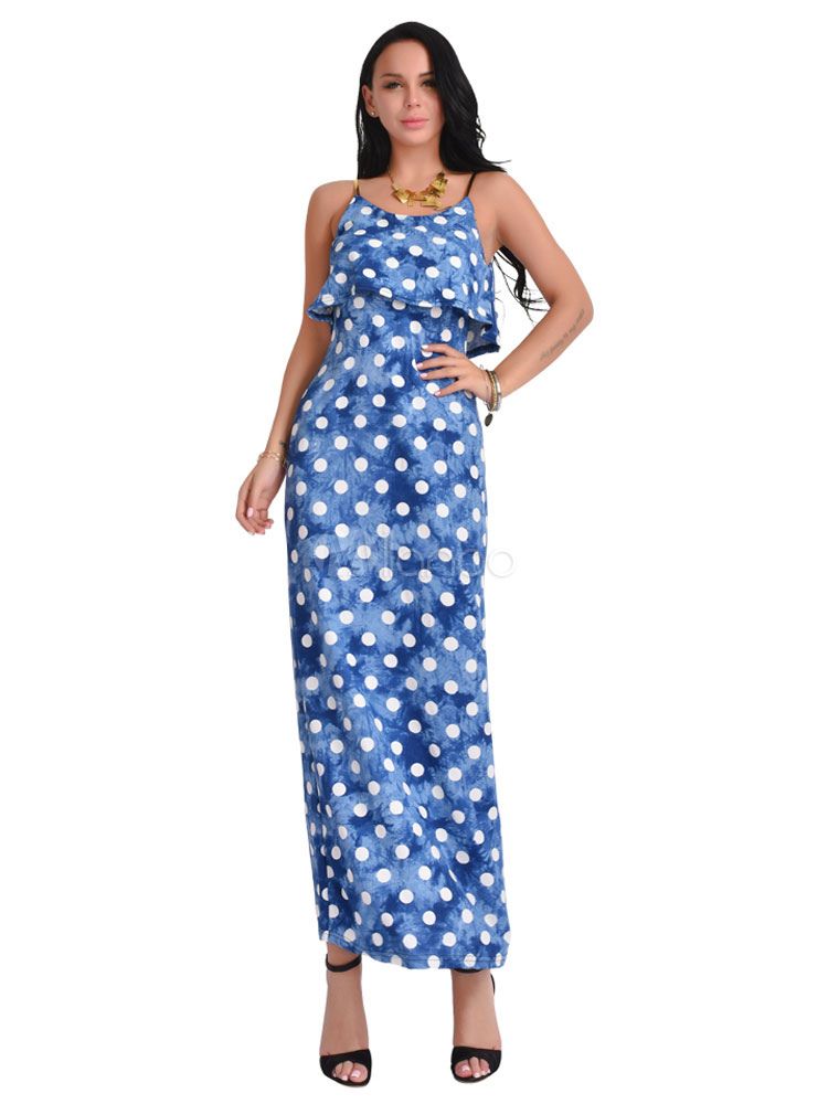 Women's Long Dress Sleeveless Straps Polka Dot Print Light Blue Maxi Dresses | Milanoo