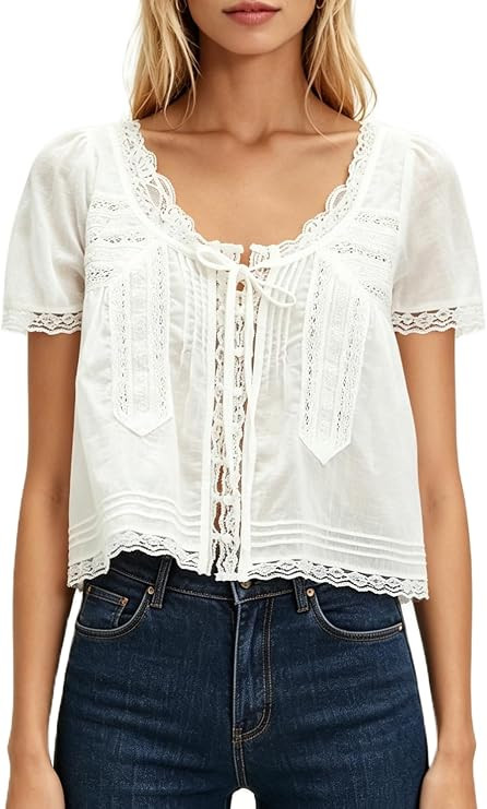 Women’s Tie Front Ruffle Boho Tops Flowy Sheer Short Sleeve Lace Blouse Y2k Embroidered Babydol... | Amazon (US)