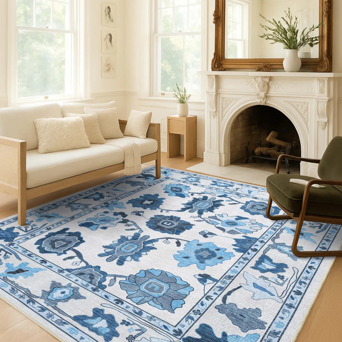 Ellis Navy Blue White Modern Floral Oushak Rug | Fame Rugs