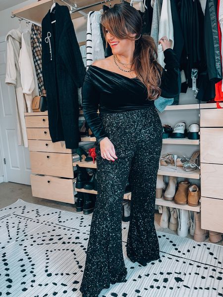 Holiday party outfit -midsize nye outfit 
Sequin pants are so comfy and stretchy wearing an xl would prefer a large 
Velvet long sleeve bodysuit xl
Sock booties tts 


#LTKHoliday #LTKSeasonal #LTKcurves