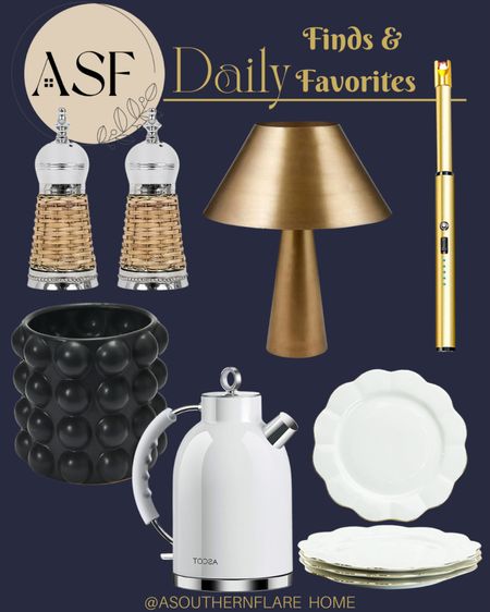 Amazon daily finds, home decor, gold lamp, salt and pepper shaker, planter, kettle, scalloped plates, rechargeable gold lighter 

#LTKFind #LTKhome