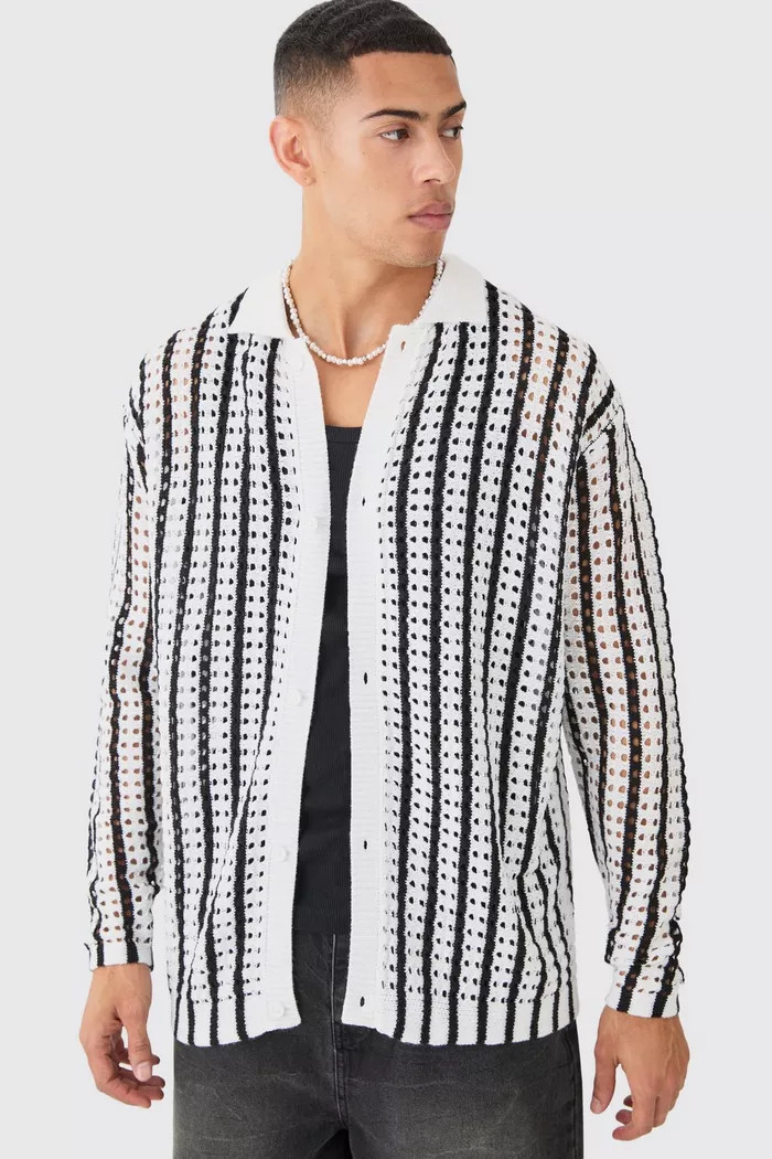 Oversized Crochet Long Sleeve Stripe Shirt In Ecru | boohoo (US & Canada)