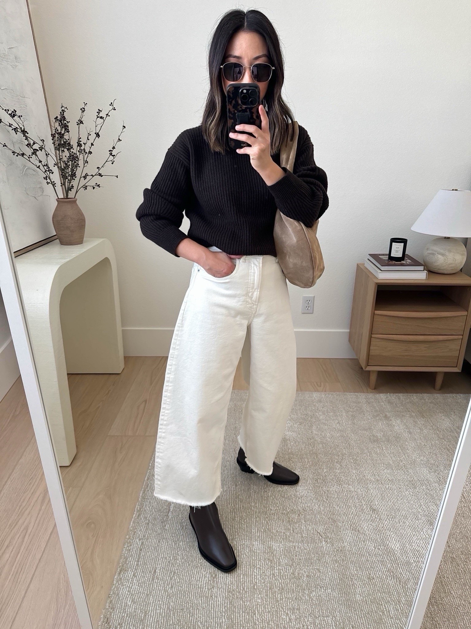 Everlane western favorites. Boots are. Nice touch of western. They’re heavier and stiffer. Sweater is roomy in my normal size. 

Everlane sweater xs
Everlane jeans 26. Sized up 2. Cut hems. 
Everlane boots 5.5 
Flattered bag
Celine sunglasses 

Jeans, fall fashion, fall style, purse, boots, petite style 

