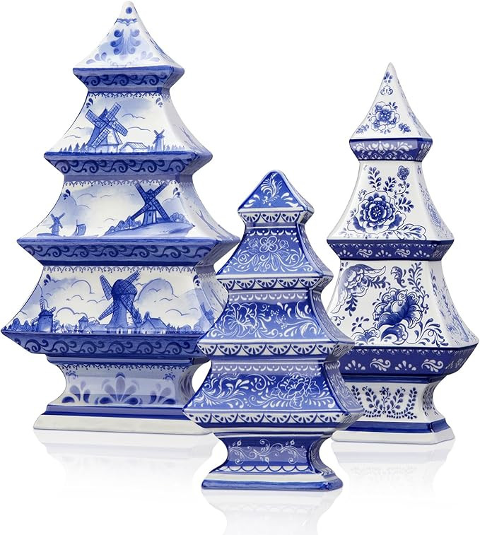 Soaoo 3 Pcs Blue and White Ceramic Christmas Tree Decor - Delft Blue Chinoiserie Porcelain Mini C... | Amazon (US)