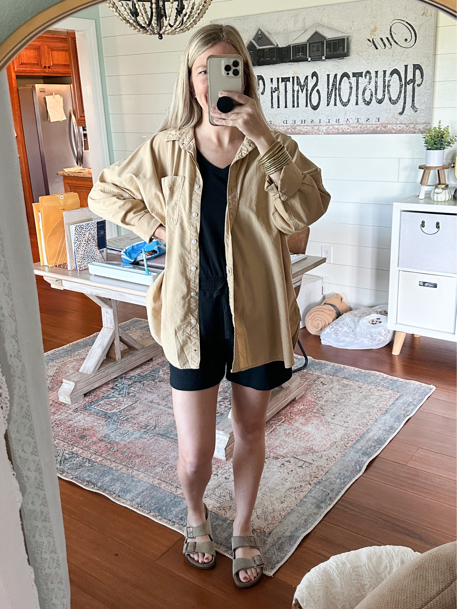 Great transition outfit from Summer to Fall! This American Eagle button down is a perfect neutral and love it paired with the Amazon romper! I’m in a small in both. 

#LTKover40 #LTKSale #LTKstyletip