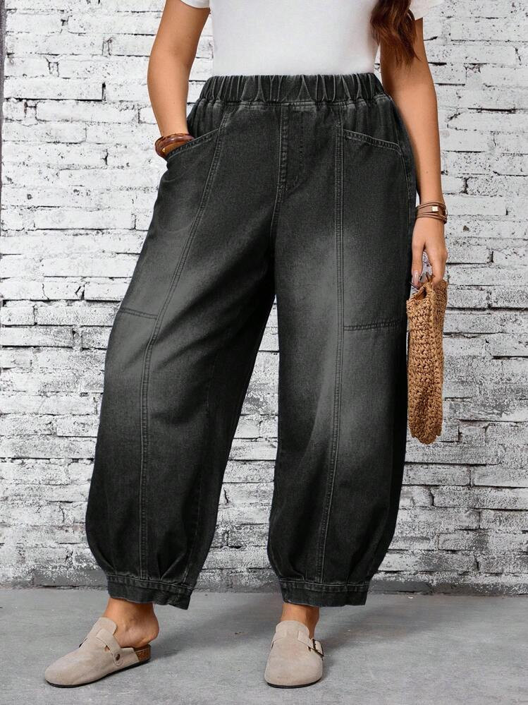 EMERY ROSE Plus Size Casual Loose Fit High Waist Elastic Waist Wide Leg Jeans,Fall Clothes For Women | SHEIN